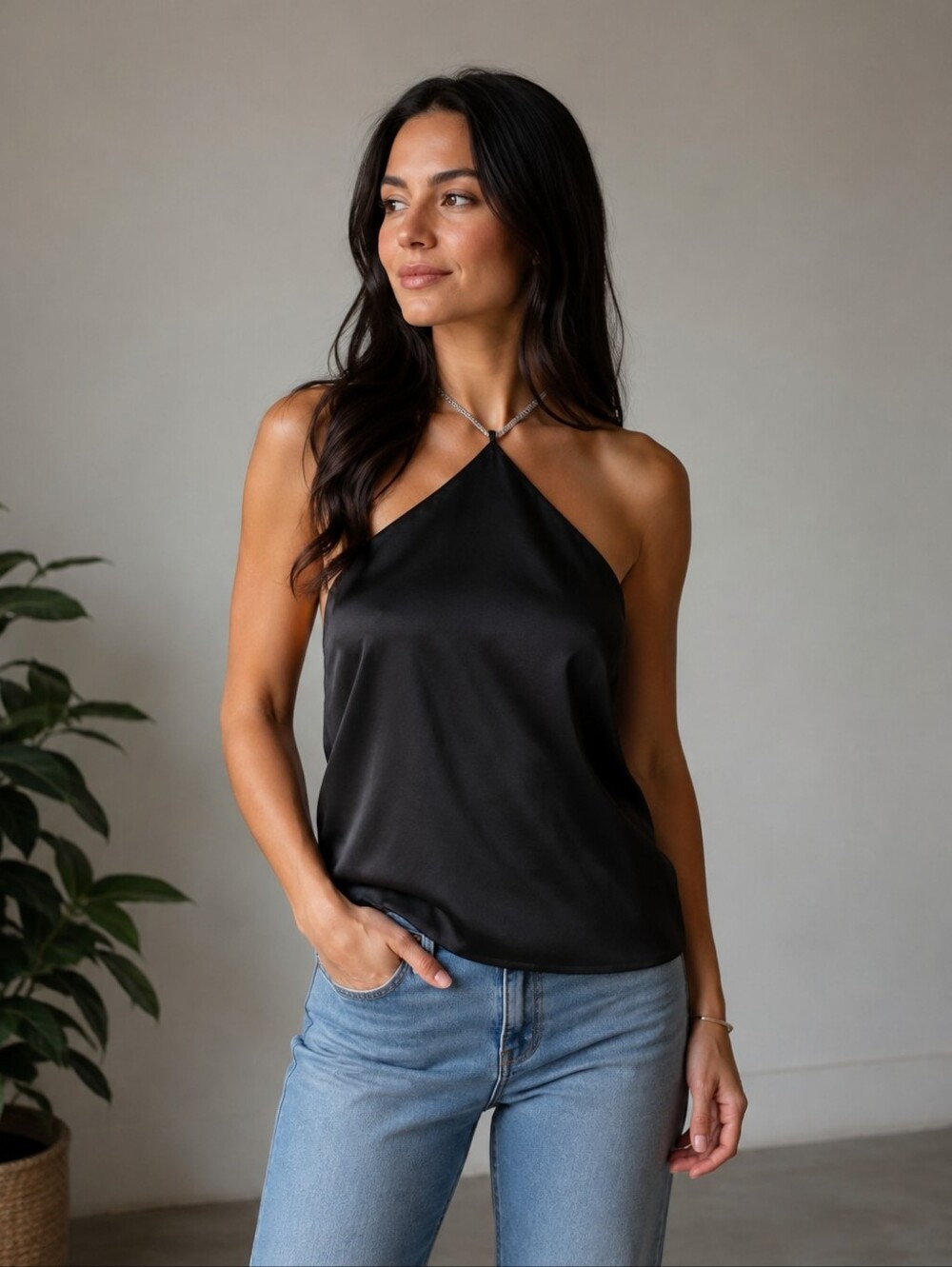Black Satin Halter Top with Light Gray Lining Adjustable Rhinestone Straps